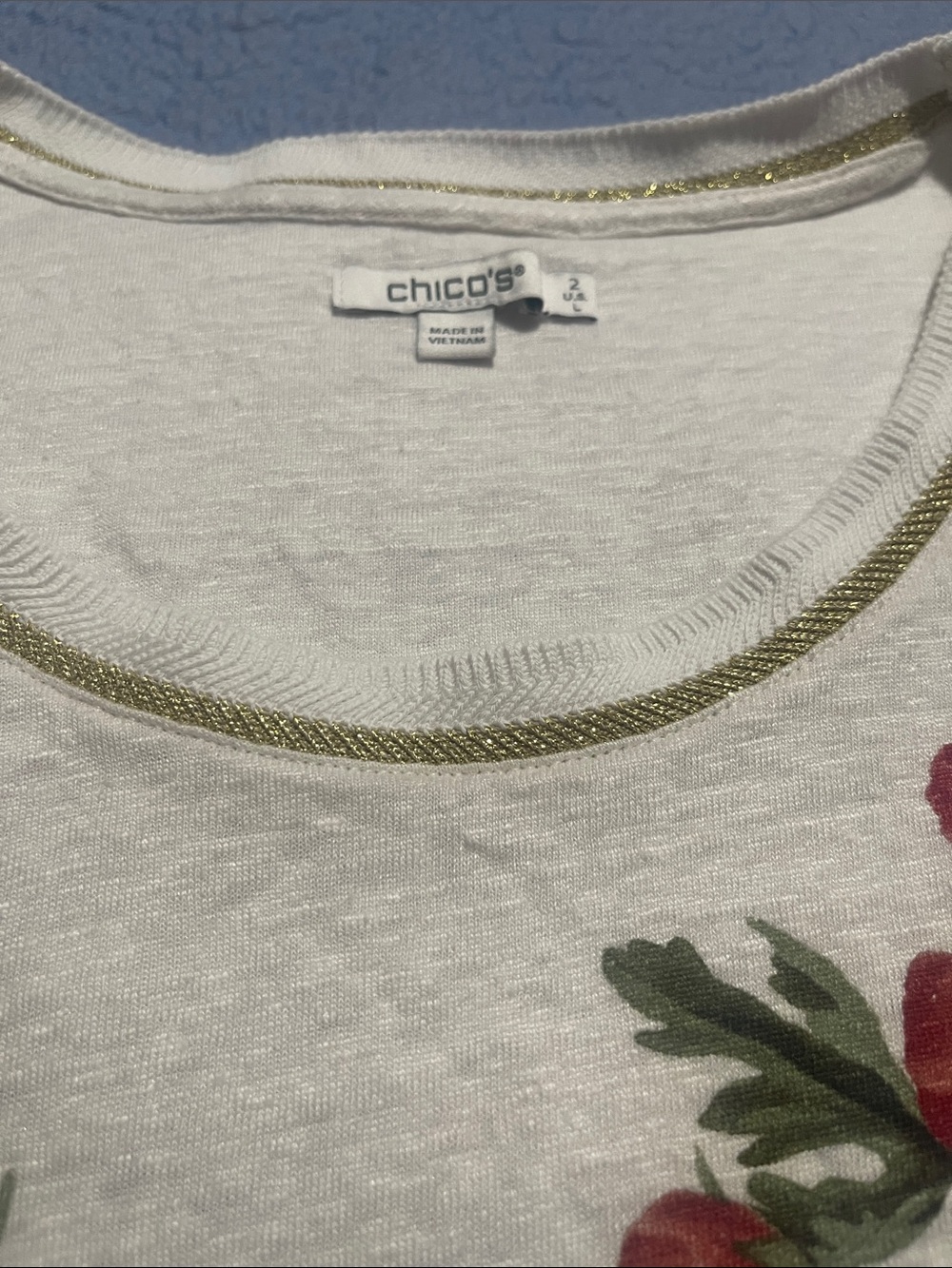 Chico's White Scoop Neck Tee with Gold Trim and Floral Accent